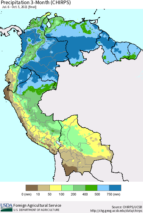Northern South America Precipitation 3-Month (CHIRPS) Thematic Map For 7/6/2021 - 10/5/2021