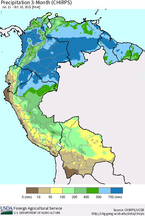 Northern South America Precipitation 3-Month (CHIRPS) Thematic Map For 7/11/2021 - 10/10/2021