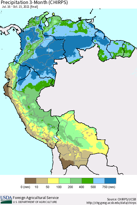 Northern South America Precipitation 3-Month (CHIRPS) Thematic Map For 7/16/2021 - 10/15/2021