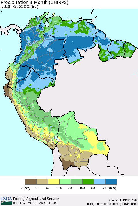 Northern South America Precipitation 3-Month (CHIRPS) Thematic Map For 7/21/2021 - 10/20/2021