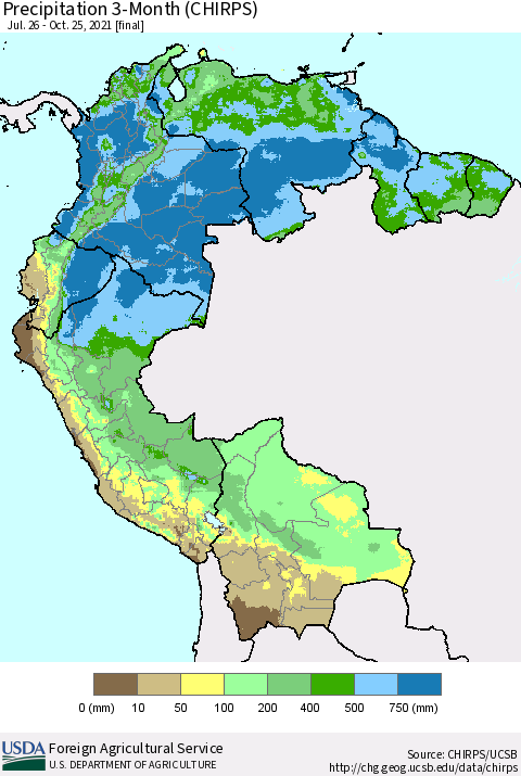 Northern South America Precipitation 3-Month (CHIRPS) Thematic Map For 7/26/2021 - 10/25/2021