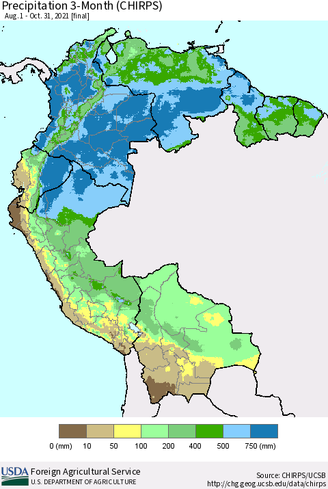 Northern South America Precipitation 3-Month (CHIRPS) Thematic Map For 8/1/2021 - 10/31/2021