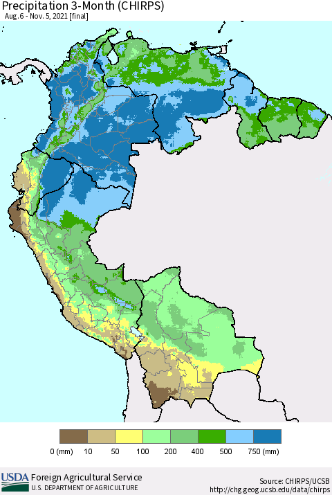Northern South America Precipitation 3-Month (CHIRPS) Thematic Map For 8/6/2021 - 11/5/2021