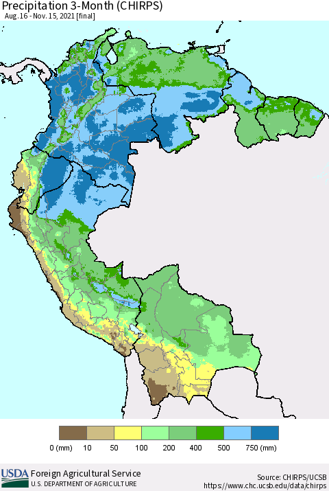Northern South America Precipitation 3-Month (CHIRPS) Thematic Map For 8/16/2021 - 11/15/2021