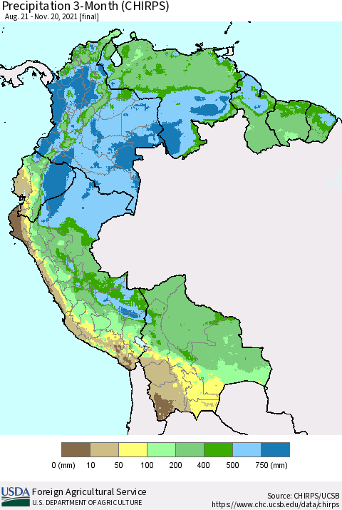 Northern South America Precipitation 3-Month (CHIRPS) Thematic Map For 8/21/2021 - 11/20/2021