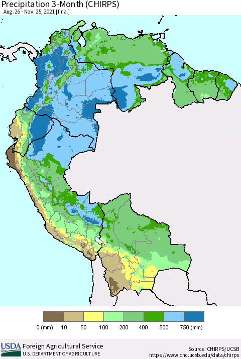 Northern South America Precipitation 3-Month (CHIRPS) Thematic Map For 8/26/2021 - 11/25/2021