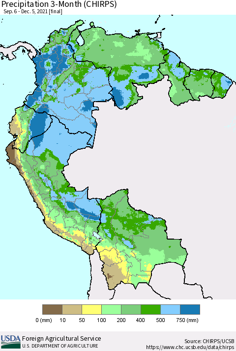 Northern South America Precipitation 3-Month (CHIRPS) Thematic Map For 9/6/2021 - 12/5/2021