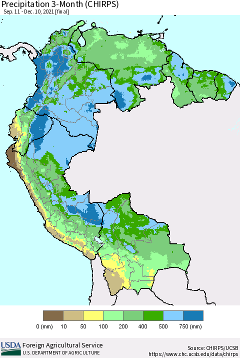Northern South America Precipitation 3-Month (CHIRPS) Thematic Map For 9/11/2021 - 12/10/2021