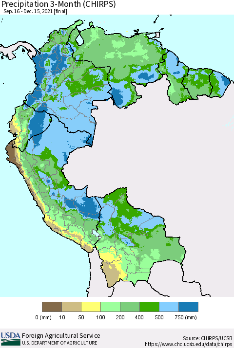 Northern South America Precipitation 3-Month (CHIRPS) Thematic Map For 9/16/2021 - 12/15/2021