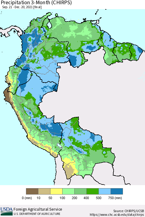 Northern South America Precipitation 3-Month (CHIRPS) Thematic Map For 9/21/2021 - 12/20/2021