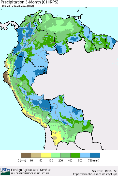 Northern South America Precipitation 3-Month (CHIRPS) Thematic Map For 9/26/2021 - 12/25/2021