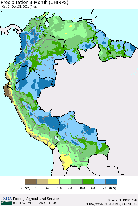 Northern South America Precipitation 3-Month (CHIRPS) Thematic Map For 10/1/2021 - 12/31/2021