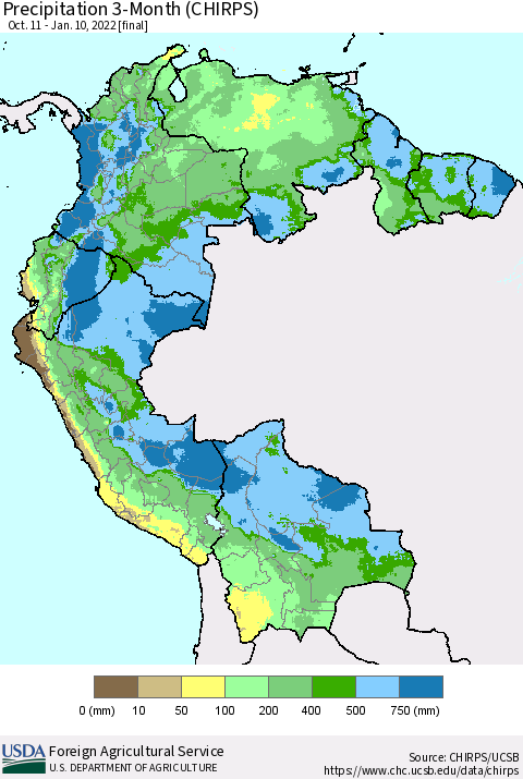 Northern South America Precipitation 3-Month (CHIRPS) Thematic Map For 10/11/2021 - 1/10/2022