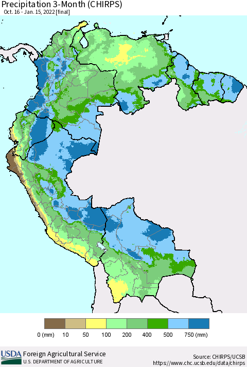 Northern South America Precipitation 3-Month (CHIRPS) Thematic Map For 10/16/2021 - 1/15/2022