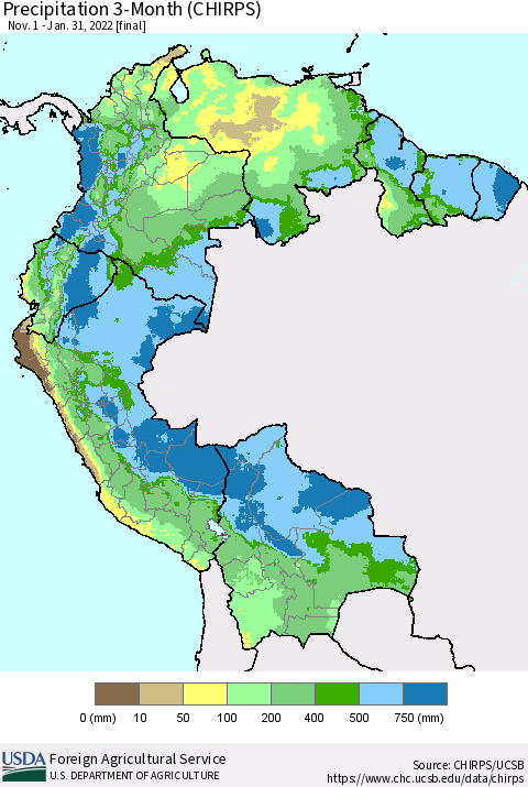 Northern South America Precipitation 3-Month (CHIRPS) Thematic Map For 11/1/2021 - 1/31/2022
