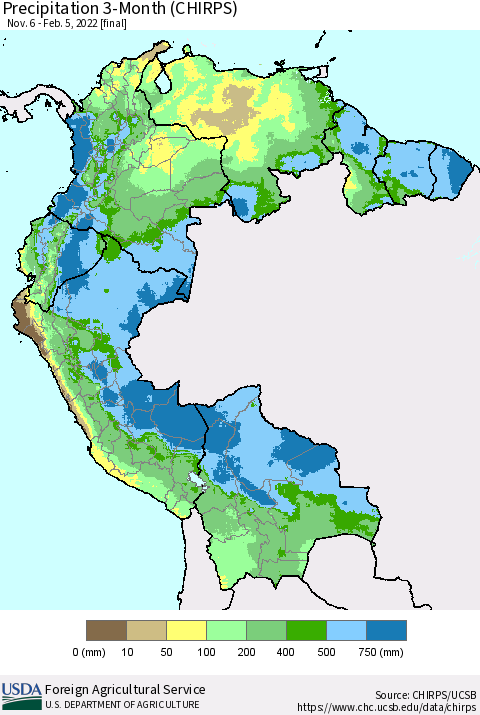 Northern South America Precipitation 3-Month (CHIRPS) Thematic Map For 11/6/2021 - 2/5/2022