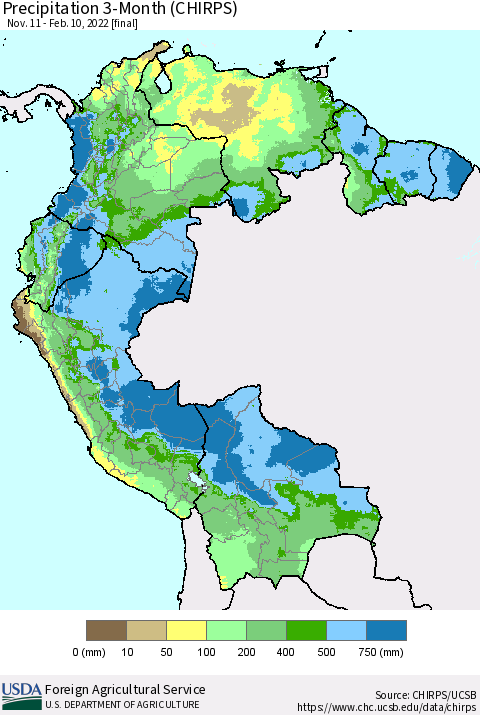 Northern South America Precipitation 3-Month (CHIRPS) Thematic Map For 11/11/2021 - 2/10/2022