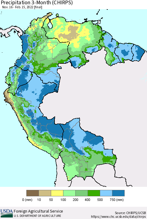 Northern South America Precipitation 3-Month (CHIRPS) Thematic Map For 11/16/2021 - 2/15/2022