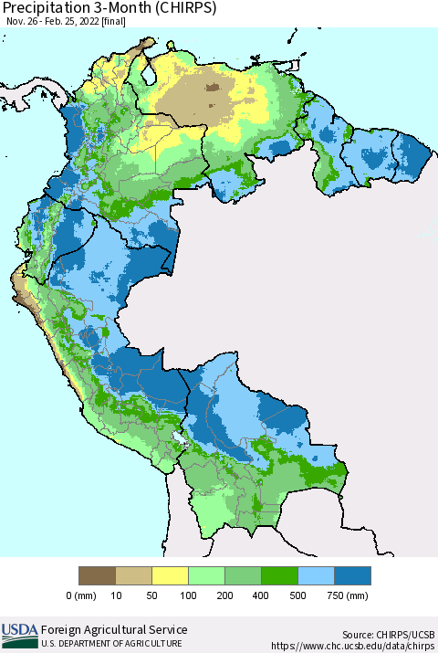 Northern South America Precipitation 3-Month (CHIRPS) Thematic Map For 11/26/2021 - 2/25/2022