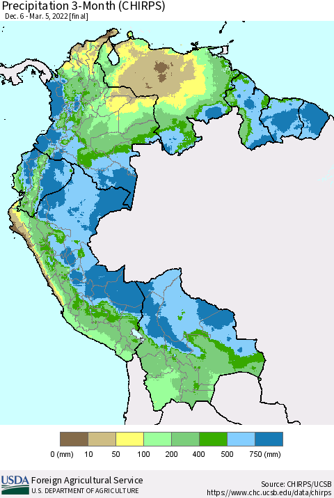 Northern South America Precipitation 3-Month (CHIRPS) Thematic Map For 12/6/2021 - 3/5/2022