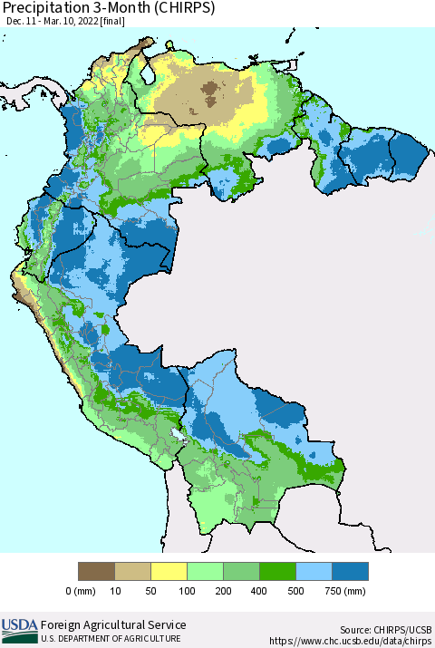 Northern South America Precipitation 3-Month (CHIRPS) Thematic Map For 12/11/2021 - 3/10/2022