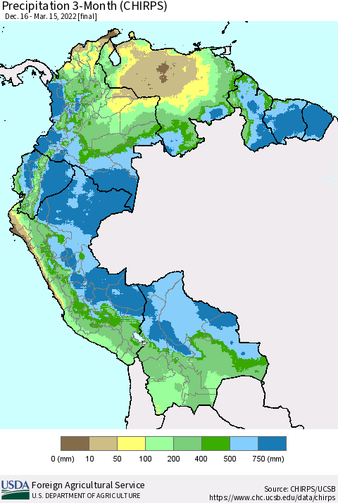 Northern South America Precipitation 3-Month (CHIRPS) Thematic Map For 12/16/2021 - 3/15/2022