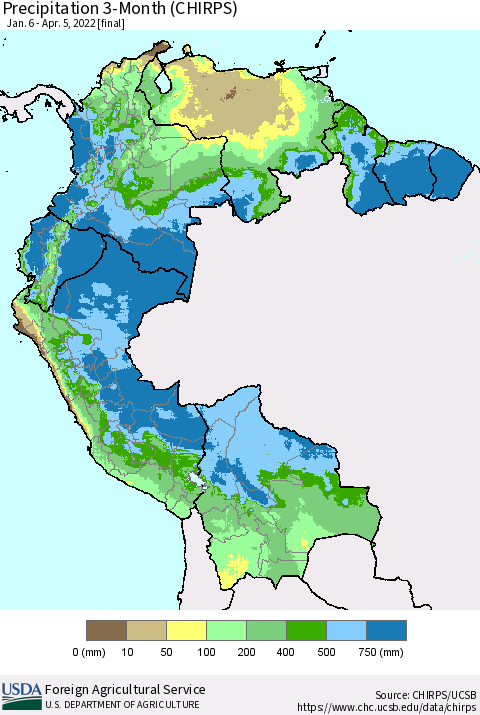 Northern South America Precipitation 3-Month (CHIRPS) Thematic Map For 1/6/2022 - 4/5/2022