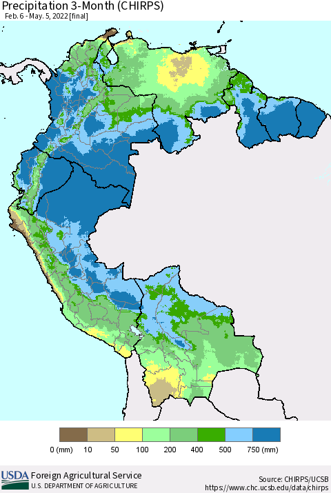 Northern South America Precipitation 3-Month (CHIRPS) Thematic Map For 2/6/2022 - 5/5/2022