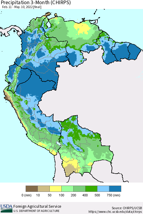 Northern South America Precipitation 3-Month (CHIRPS) Thematic Map For 2/11/2022 - 5/10/2022