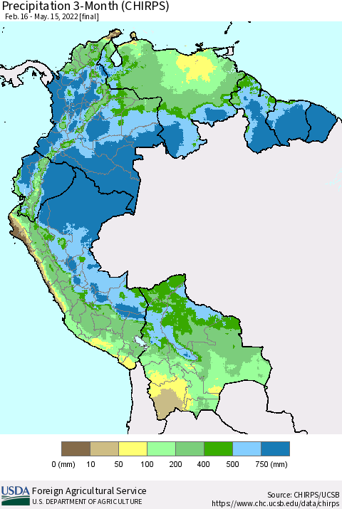 Northern South America Precipitation 3-Month (CHIRPS) Thematic Map For 2/16/2022 - 5/15/2022