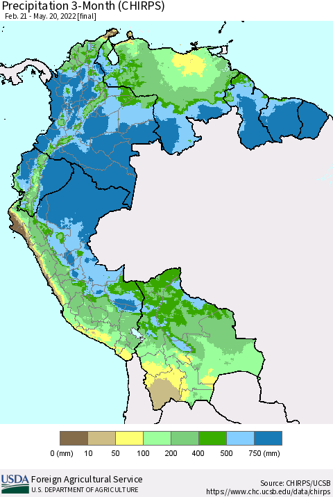 Northern South America Precipitation 3-Month (CHIRPS) Thematic Map For 2/21/2022 - 5/20/2022