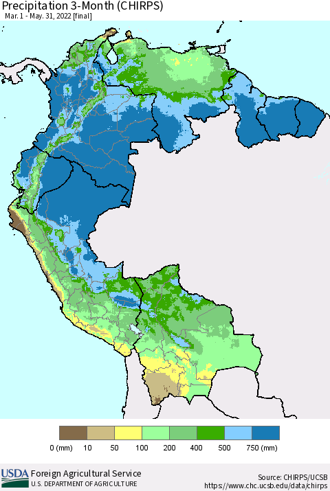 Northern South America Precipitation 3-Month (CHIRPS) Thematic Map For 3/1/2022 - 5/31/2022