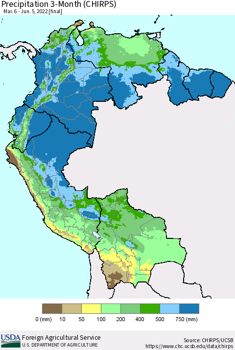 Northern South America Precipitation 3-Month (CHIRPS) Thematic Map For 3/6/2022 - 6/5/2022