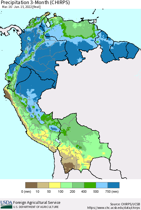 Northern South America Precipitation 3-Month (CHIRPS) Thematic Map For 3/16/2022 - 6/15/2022