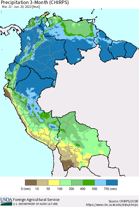 Northern South America Precipitation 3-Month (CHIRPS) Thematic Map For 3/21/2022 - 6/20/2022