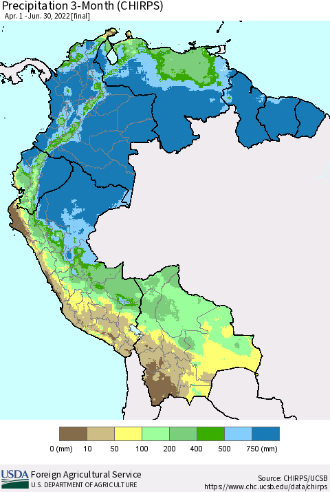 Northern South America Precipitation 3-Month (CHIRPS) Thematic Map For 4/1/2022 - 6/30/2022