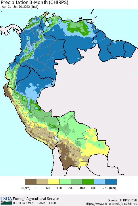 Northern South America Precipitation 3-Month (CHIRPS) Thematic Map For 4/11/2022 - 7/10/2022