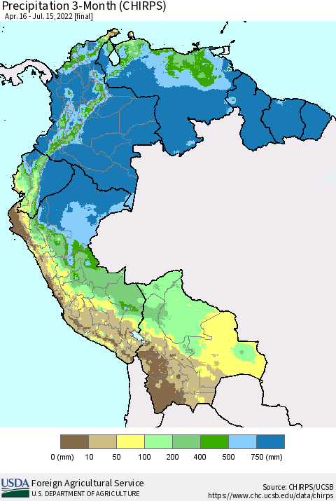 Northern South America Precipitation 3-Month (CHIRPS) Thematic Map For 4/16/2022 - 7/15/2022