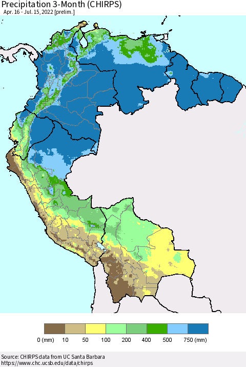 Northern South America Precipitation 3-Month (CHIRPS) Thematic Map For 4/16/2022 - 7/15/2022