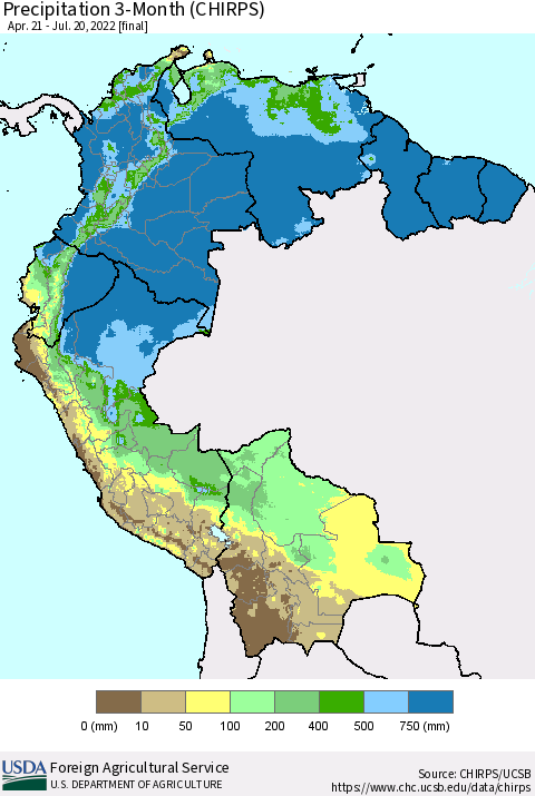 Northern South America Precipitation 3-Month (CHIRPS) Thematic Map For 4/21/2022 - 7/20/2022