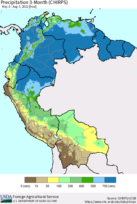 Northern South America Precipitation 3-Month (CHIRPS) Thematic Map For 5/6/2022 - 8/5/2022