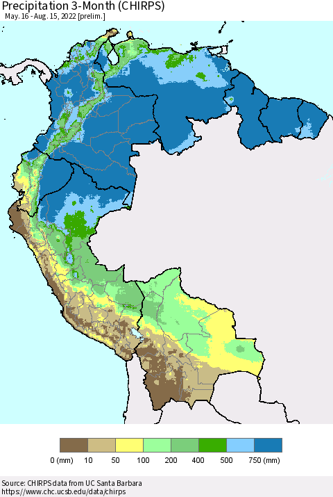 Northern South America Precipitation 3-Month (CHIRPS) Thematic Map For 5/16/2022 - 8/15/2022