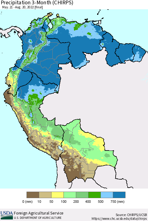 Northern South America Precipitation 3-Month (CHIRPS) Thematic Map For 5/21/2022 - 8/20/2022