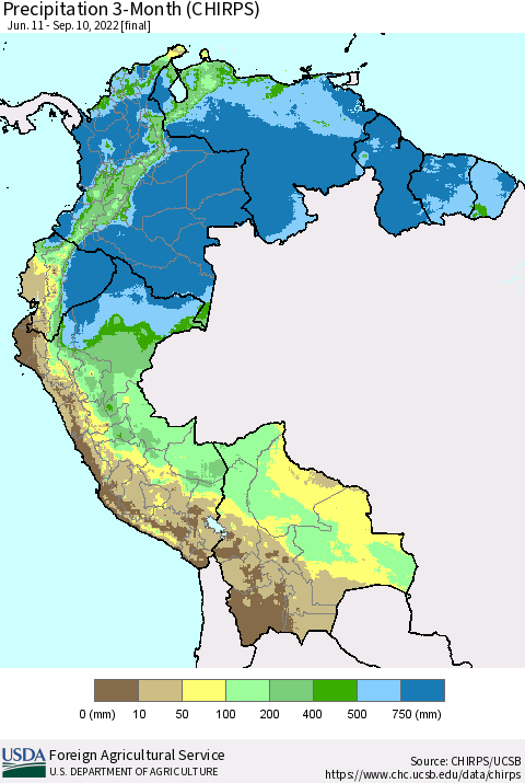 Northern South America Precipitation 3-Month (CHIRPS) Thematic Map For 6/11/2022 - 9/10/2022