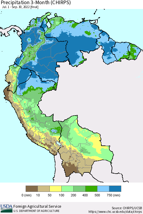 Northern South America Precipitation 3-Month (CHIRPS) Thematic Map For 7/1/2022 - 9/30/2022