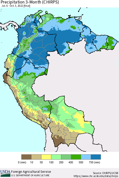 Northern South America Precipitation 3-Month (CHIRPS) Thematic Map For 7/6/2022 - 10/5/2022