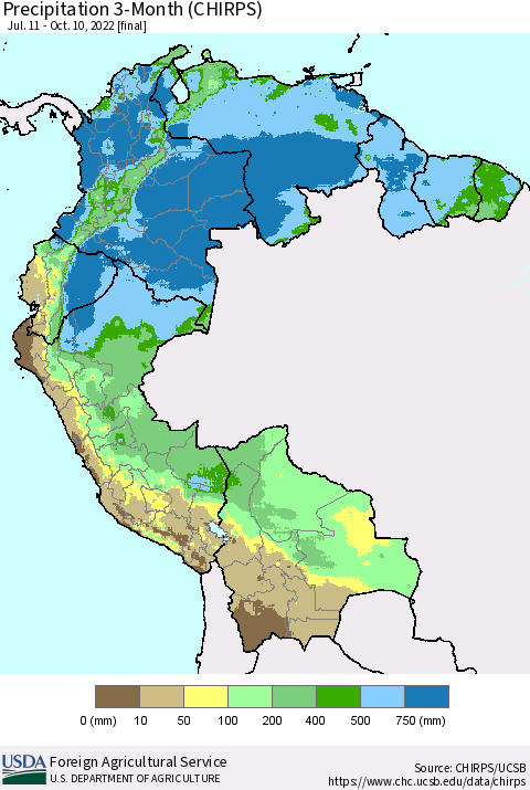 Northern South America Precipitation 3-Month (CHIRPS) Thematic Map For 7/11/2022 - 10/10/2022
