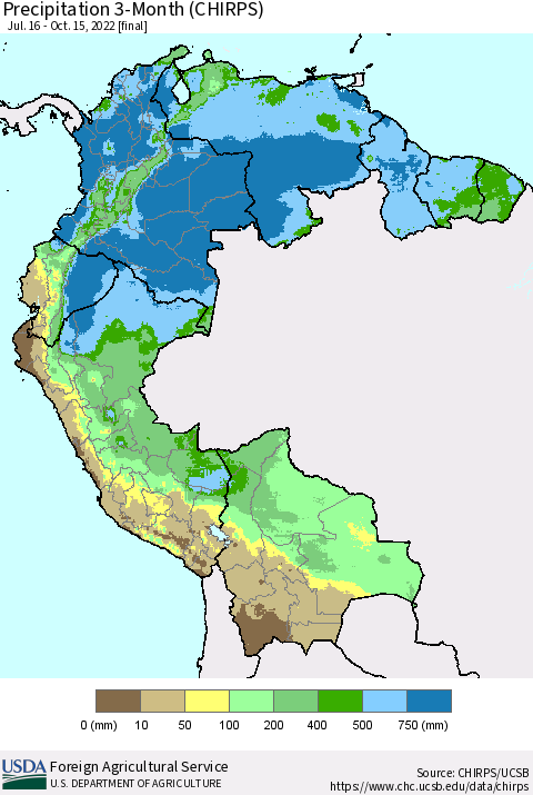 Northern South America Precipitation 3-Month (CHIRPS) Thematic Map For 7/16/2022 - 10/15/2022