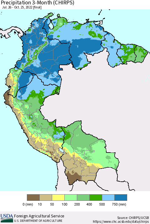 Northern South America Precipitation 3-Month (CHIRPS) Thematic Map For 7/26/2022 - 10/25/2022