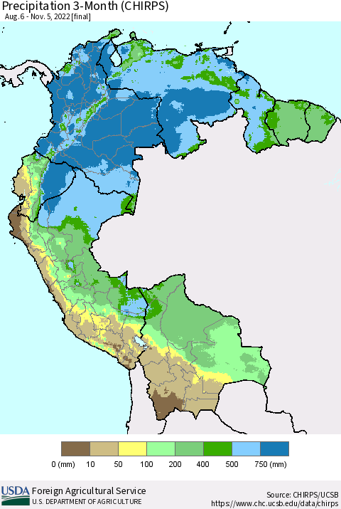 Northern South America Precipitation 3-Month (CHIRPS) Thematic Map For 8/6/2022 - 11/5/2022